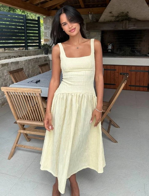 ZARA TEXTURED FLARED Fitted Midi Dress Vanilla Yellow Size S M L