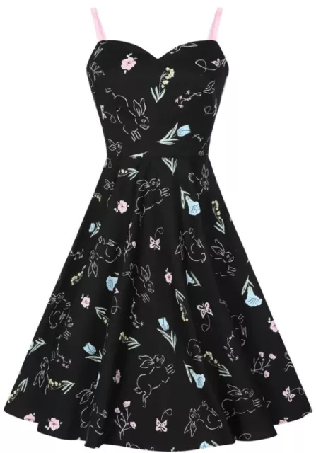 Hell Bunny Dress Womens Size 8 Black with Floral Bunny Print 50's Retro Party