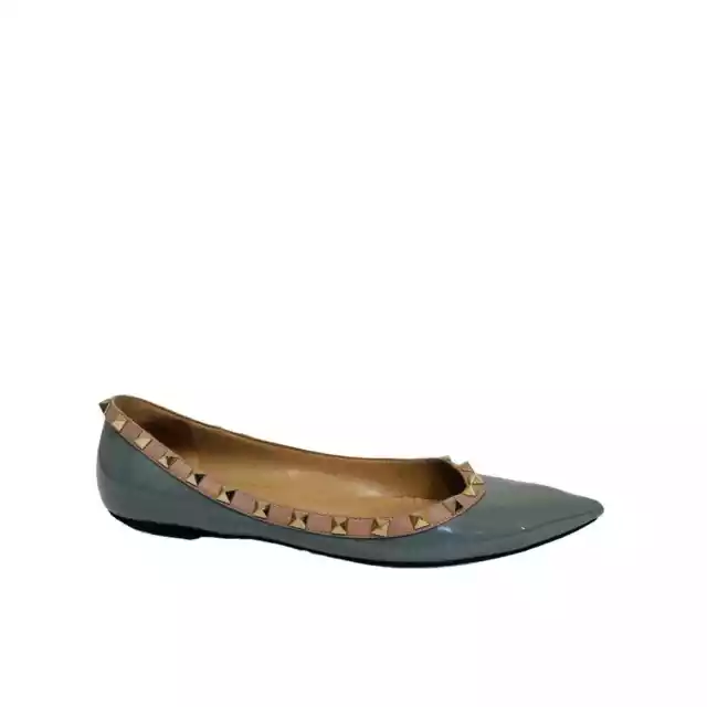 VALENTINO Blue Gray Leather Patent Rockstud Accent Point Toe Flats 40.5 US 10.5