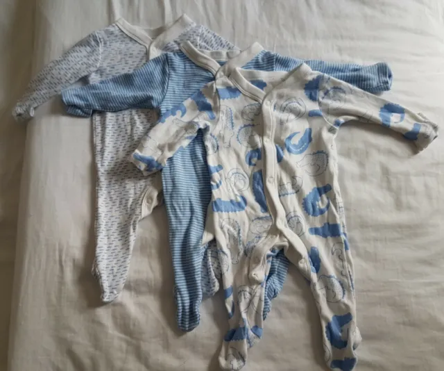 M&S Baby Boy Sleepsuits Set Of 3 Blue Pattern Size Up To 1 Month