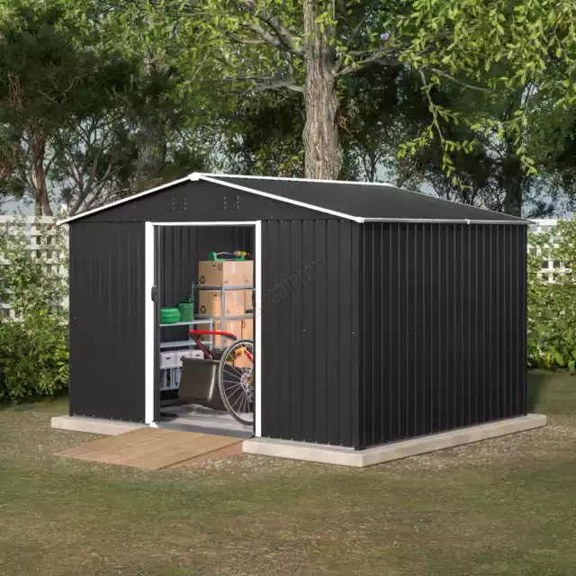 10X8FT Metal Garden Shed Apex Roof With Free Foundation Storage House Anthracite