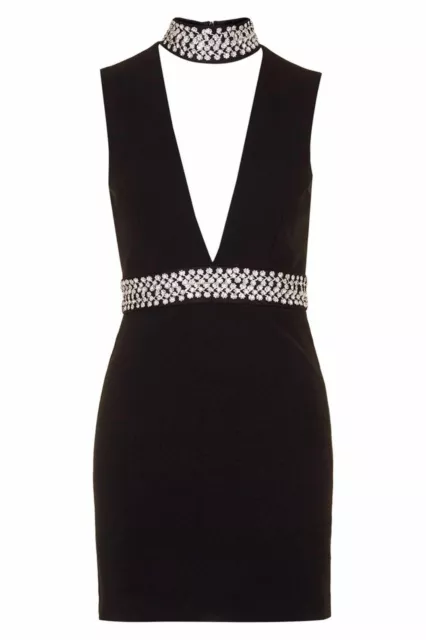 ❤ TOPSHOP Black Embellished Crystal Choker V-Neck Stretch Crepe Bardot Dress 8 2