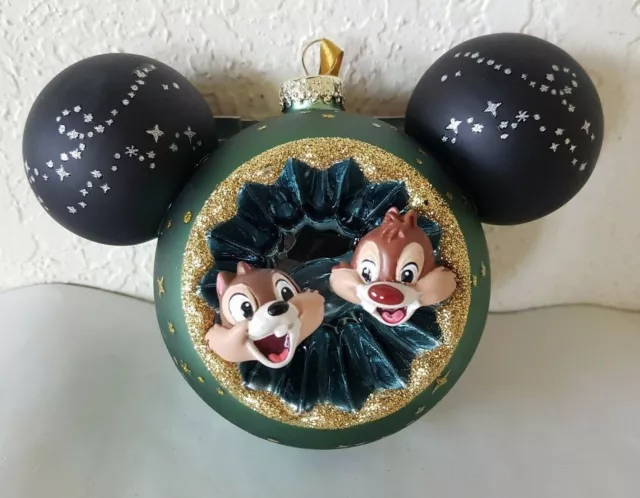 Disney Chip & Dale Mickey Mouse Icon Ball Glass Christmas Ornament Sunburst New