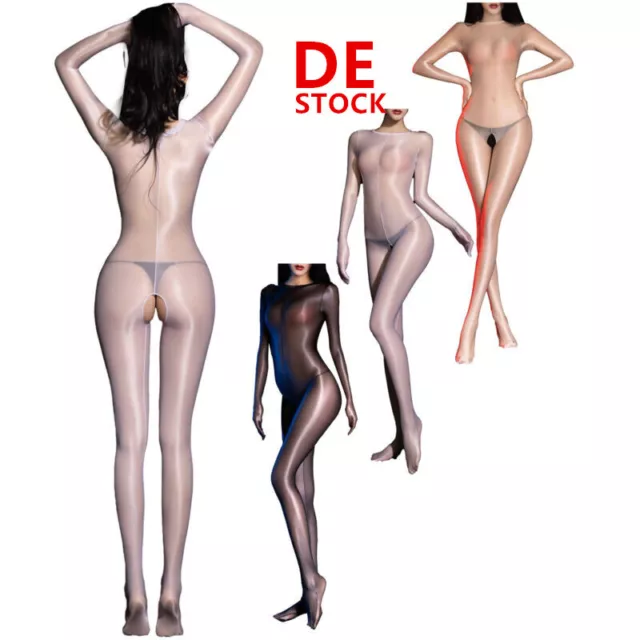 DE Damen Erotisch Bodystocking Transparent Ganzkörperanzug Glänzend Strumpfhosen