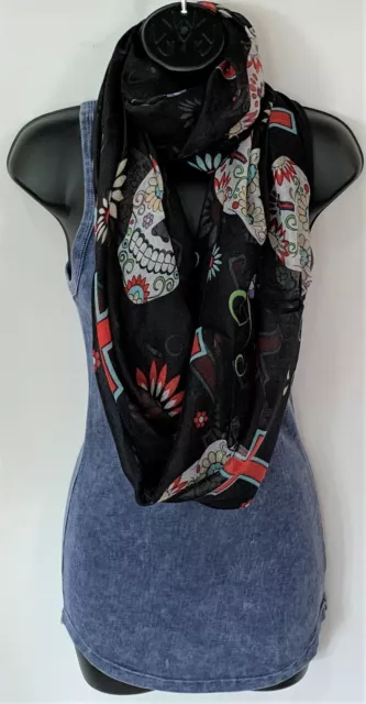 Sugar Skull Day Of The Dead Dia De Los Muertos Black Infinity Scarf 36" X 36"