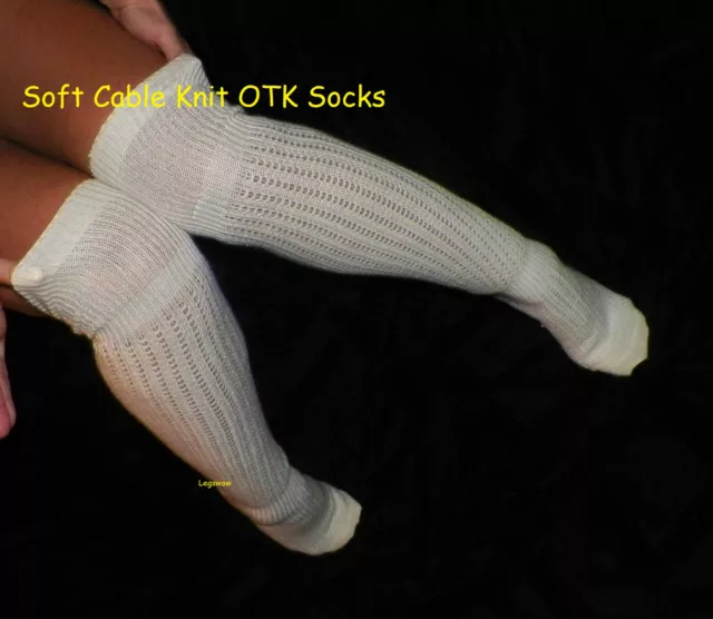 CABLE KNIT RIB Knee High Hi Socks Women OTK Beige Long School Girl Over ...