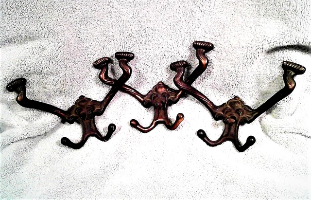 Antique (3) Double Hall Tree Hook Coat Hat Rack Hanger Cast Iron