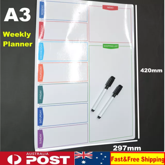 Large A3 Magnetic Whiteboard Family Weekly Planner Shopping List+ 2 Free Marker