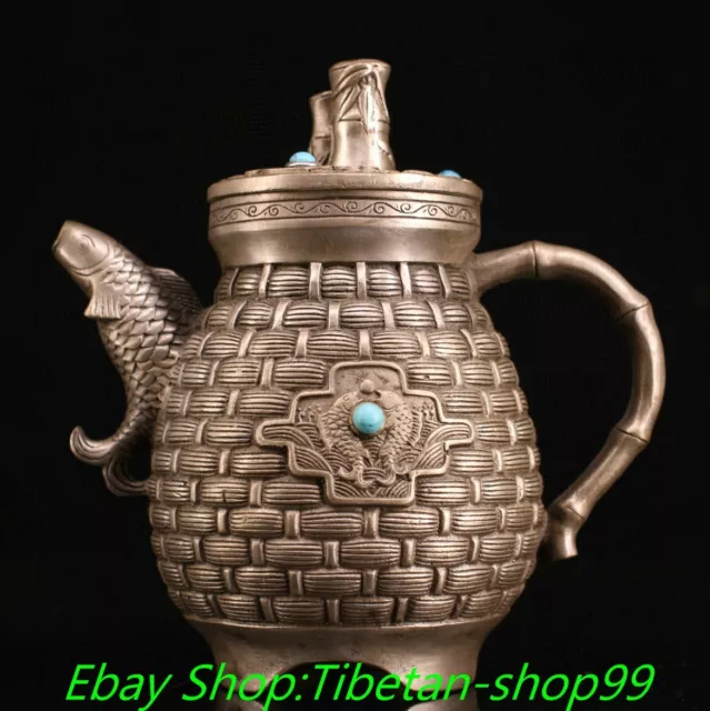 6" Old Chinese Dynasty Bronze Silver Inlaid Turquoise Fish Wine Tea Pot Flagon