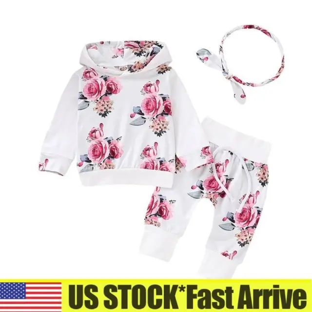 3PCS Toddler Baby Girl Clothes Floral Hooded Tops Pants Headband Outfits Set US