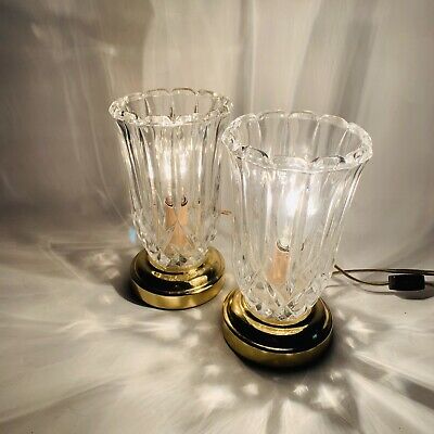 2 Vintage Cut Crystal Vase Table Accent Lamp With Brass Base 8” Tall