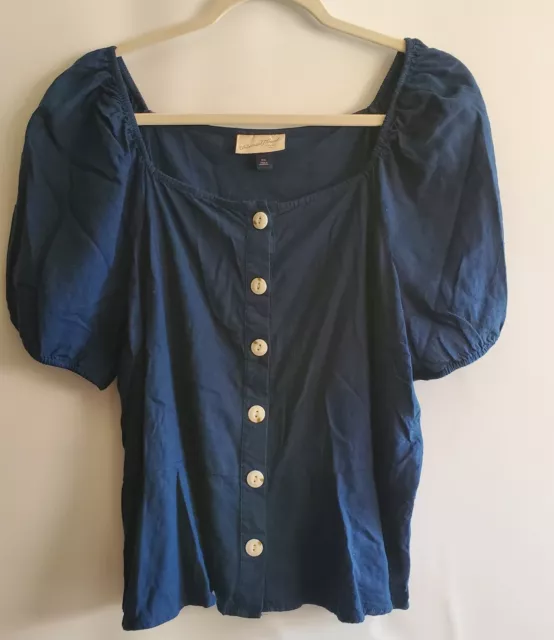 UNIVERSAL THREAD  Womens XXL Top Peplum Navy Blue Button Up Short Sleeve Linen