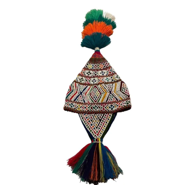 Peruvian Chullo Beaded Ceremony "Shaman" Hat Handmade Tassle Andean Mountain Cap