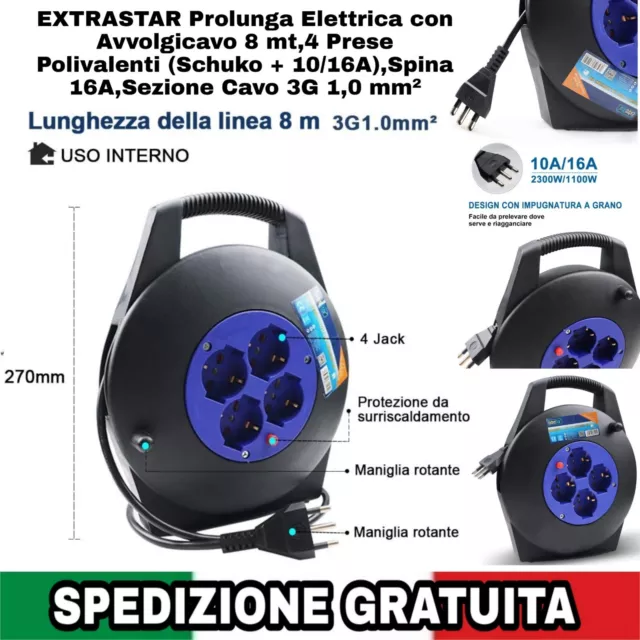 Prolunga Elettrica con Avvolgicavo 8 mt,4 Prese Polivalenti (Schuko +10/16A)