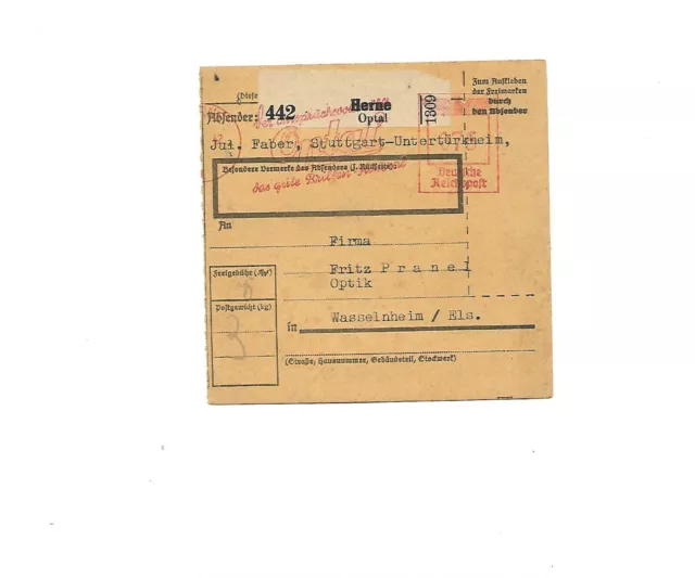 DR / Herne Optal Selbstbucher-Paket-Zettel + AFS 75 Pf. 1942 auf Paketkarte