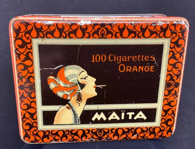 antike alte Zigarettendose Blech MAITA ORANGE 100 cigarettes Frau Art Déco 1920