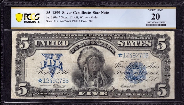 1899 $5 SILVER CERTIFICATE STAR NOTE FR.280m* MULE ELIOTT WHITE PCGS B VF 20