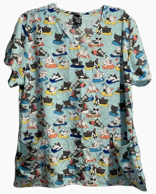 Zoe + Chloe Scrubs Top Size XL Cats Dogs Floats Pool Novelty Print Short Sleeves