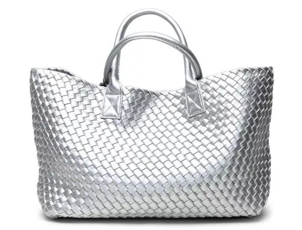 Large woven/weave Tote/Shopper/Bag/Handbag Beach + clutch/purse. Bottega Silver