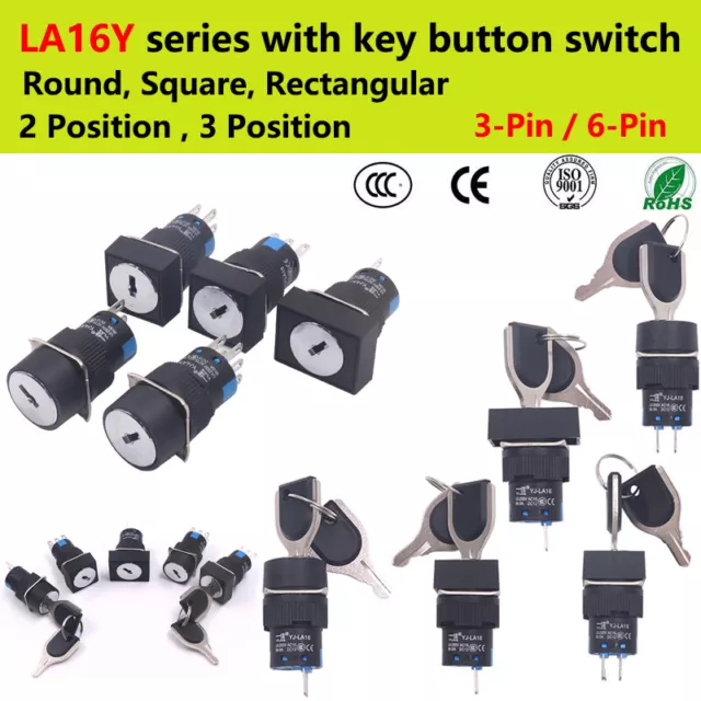 250V 5A 16mm Dia Thread 2 Or 3 Positions Key Rotary Selector Switch Round/Square