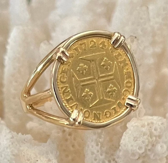 Gold Treasure coin Portuguese Cross 400 Reis 22K Dated 1724 coin 14K Gold Ring
