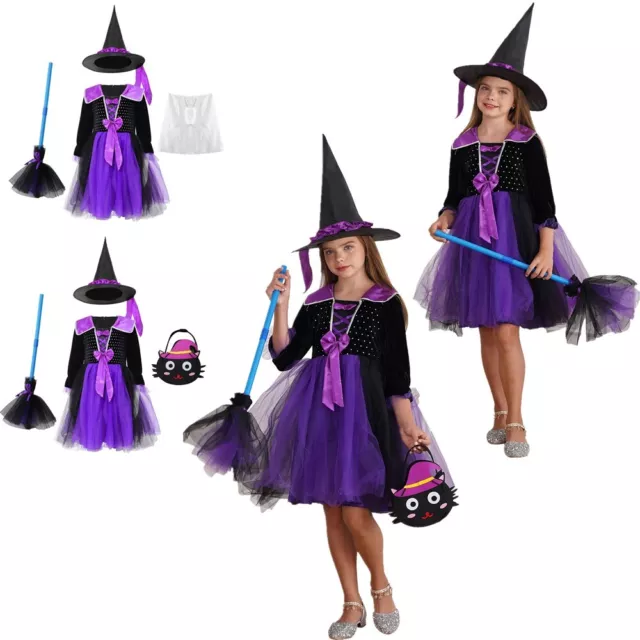 Kids Girls Witch Cosplay Set Classic Witch Role Play Dress Up Vintage Shiny