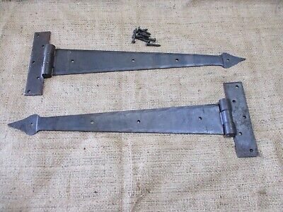 2 LARGE Strap T Hinges 15" Tee Hand Forged In Fire Barn Rustic Medieval Iron