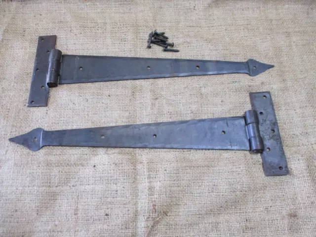 2 LARGE Strap T Hinges 15" Tee Hand Forged In Fire Barn Rustic Medieval Iron