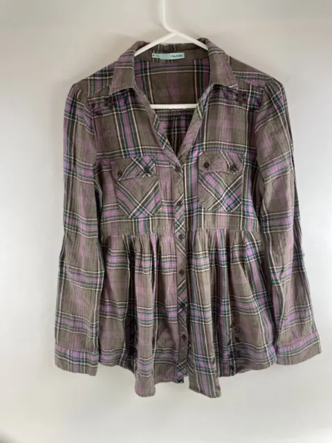 Maurices Shirt Women's Size M Purple Brown Plaid Floral Embroidered Button Up