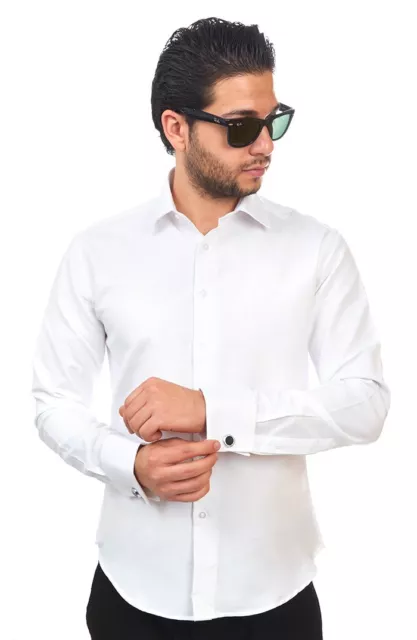 New Mens Dress Shirt White French Cuff Tailored Slim Fit Wrinkle Free By AZAR