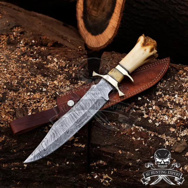 Beautiful Custom Hand Made Damascus Steel Hunting Bowie Knife Handle Camel Bone