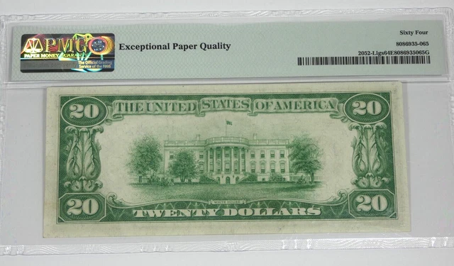 Series 1928-B Light Green Seal $20 FRN L District SF PMG 64 Ch Unc EPQ Fr#2052-L 2