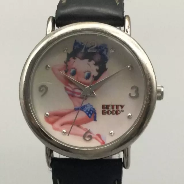 Vtg Betty Boop Watch Women Silver Tone Stars Stripes Leather Band New Battery a4