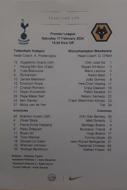 Tottenham v Wolves Luxury Teamsheets 17/02/24 Mint Condition