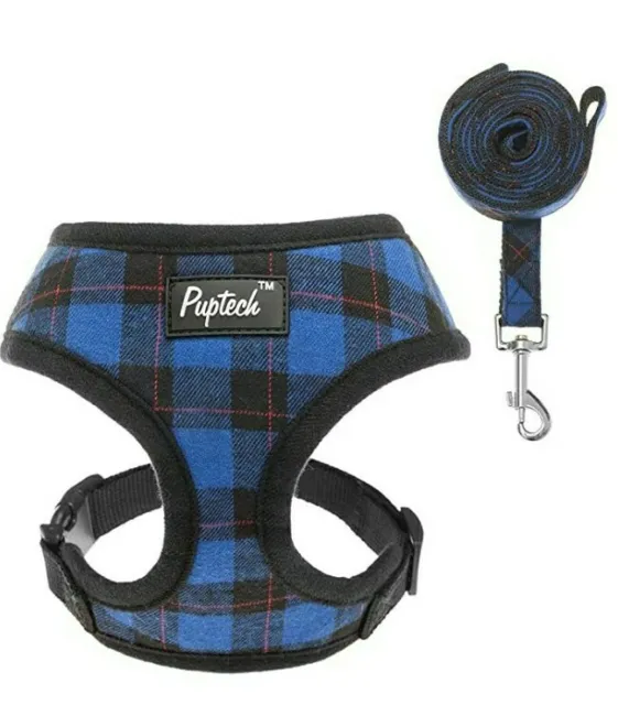 PUPTECK Soft Mesh Dog Harness with Leash - Plaid Adjustable Puppy No Pull
