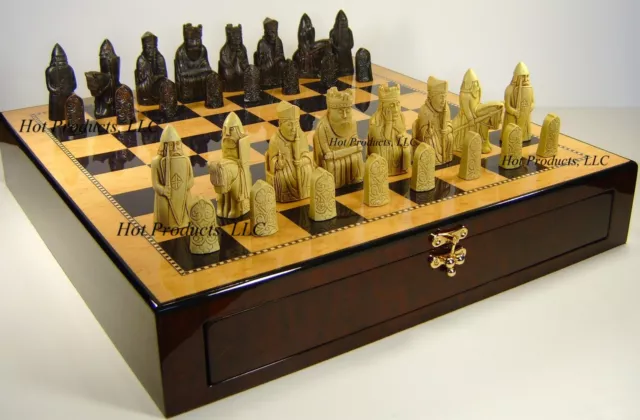 Large Isle of Lewis Chess Set 3 1/2" King with 20" Dark Walnut Color Storage Bd