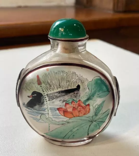 Japanese or Chinese Glass Perfume Bottle Hand Painted Duck & Bird Exc Condition