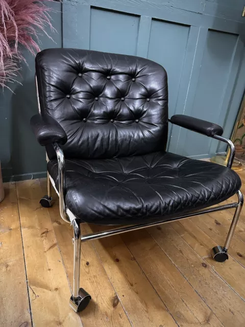 Mid-Century Vintage Retro Swedish Black Leather Chrome Lounge Armchair Mathsson