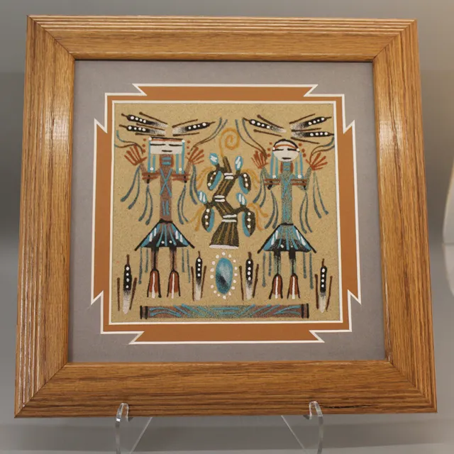 NAVAJO-FRAMED SAND PAINTING YEI AND PLANT DESIGN by IRA FOSTER-NATIVE AMERICAN