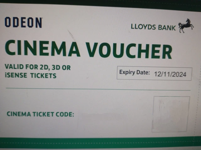 6 x Club Lloyds Odeon Cinema Tickets for iSense 2D 3D Films - Expiry Nov 2024 6 x Club Lloyds Odeon Cinema Tickets for iSense 2D 3D Films - Expiry Nov 2024