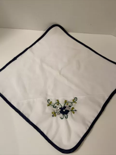 Handmade Vintage Handkerchief Hanky Linen Blue Trim Flowers Pearl Detail 14x14