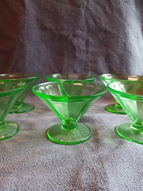 Vintage Federal Green Vaseline Uranium Depression Glass Sherbet Cups (Set of 7)