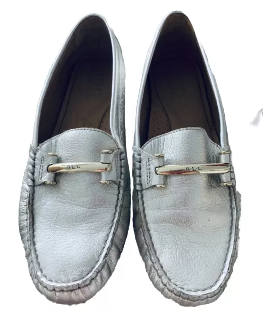 Lauren Ralph Lauren Womens “Caliana” Loafers Leather Shoes Size 9.5 B Silver