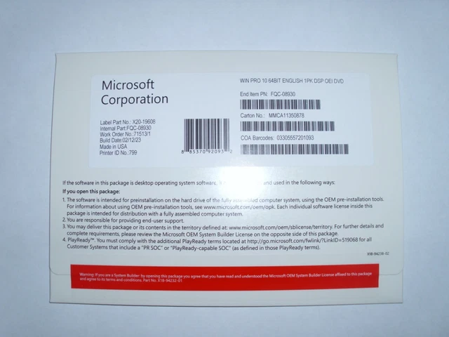 MICROSOFT WINDOWS 10 Pro Dvd 64 Bit (English) Plus Activation Key £32. ...
