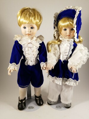 Vintage Pair Marian Yu Designs 15" Porcelain Asian Boy & Girl Twins Blue Velvet