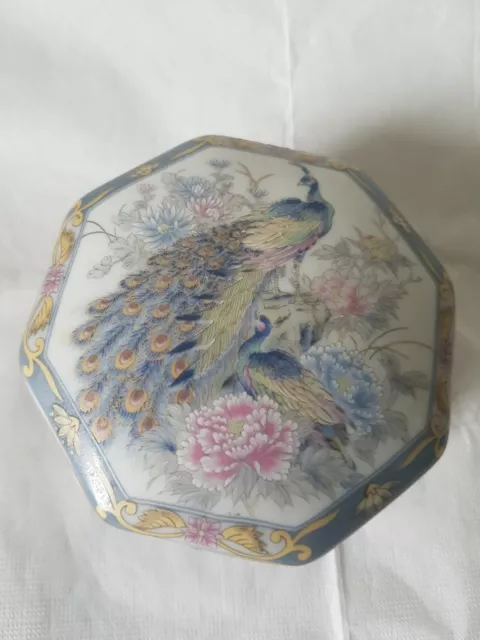 Octagonal Oriental Style TRINKET BOX with Peacock Design