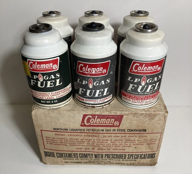 6 NOS w/box Vintage Coleman LP Gas Fuel Cans Unused Full For Stoves & Lanterns