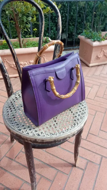 Borsa vera pelle donna ragazza manici in bambù viola genuine leather bag