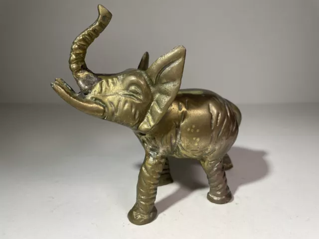 VTG MCM Solid Brass Elephant Figurine Statue Etched Trunk Up Good Luck Heavy 4"