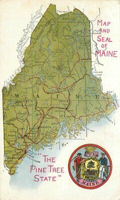 Maine Pine Tree State C-1910 Map & Seal Postcard 21-6592